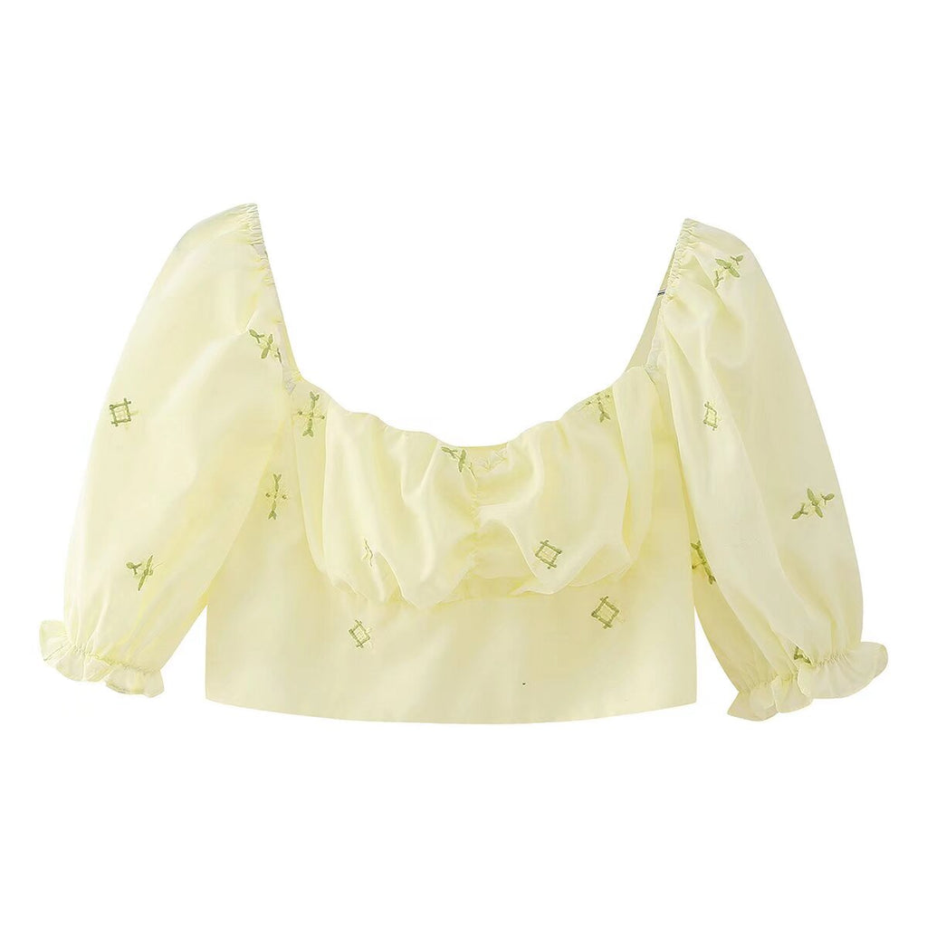 Women's Embroidered Pleated Square Neck Puff Sleeve Top