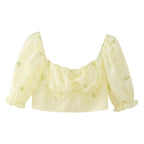 Women's Embroidered Pleated Square Neck Puff Sleeve Top
