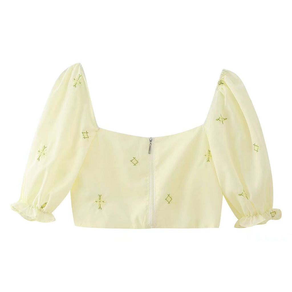 Women's Embroidered Pleated Square Neck Puff Sleeve Top