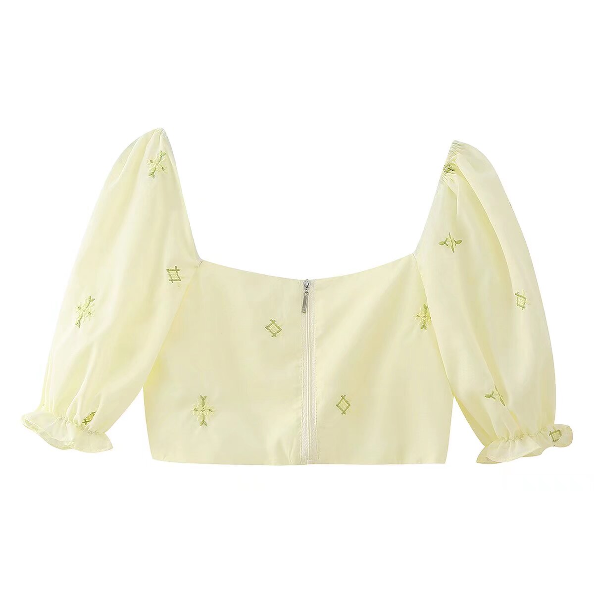 Women's Embroidered Pleated Square Neck Puff Sleeve Top