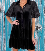 Loose Sequin Stitching Velvet Short Sleeve Dress