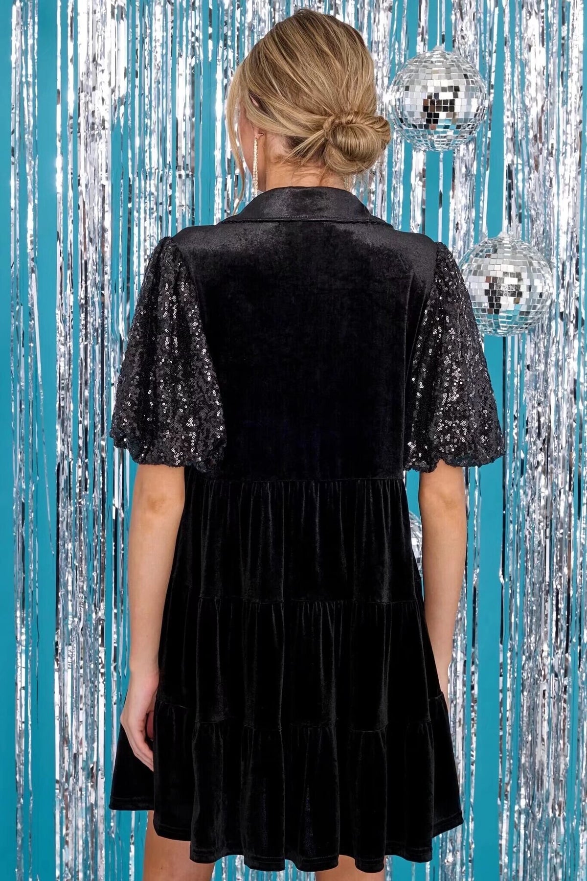 Loose Sequin Stitching Velvet Short Sleeve Dress