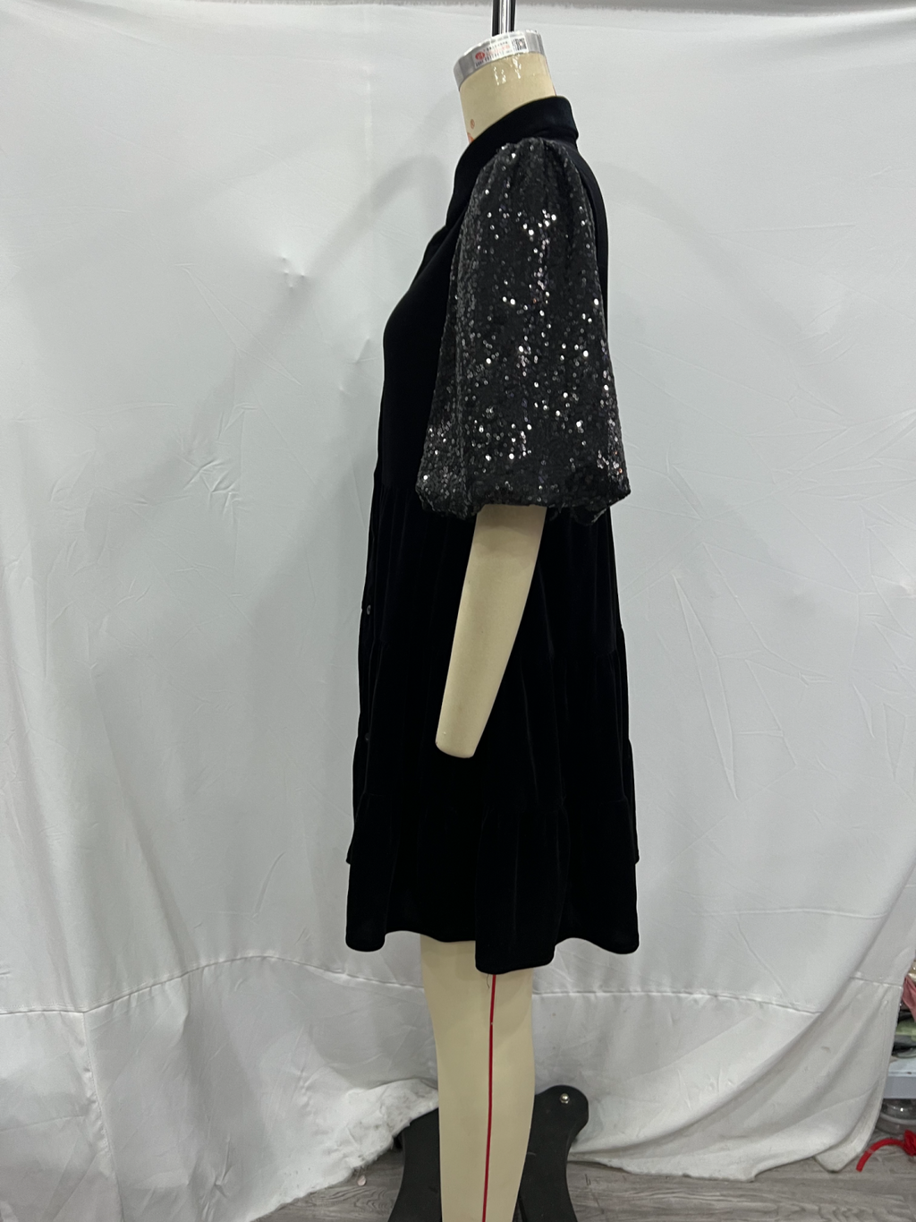 Loose Sequin Stitching Velvet Short Sleeve Dress