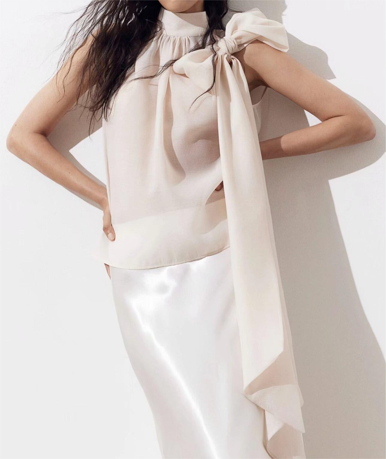 Women's Beige Bow Detail Mock Neck Top