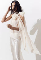 Women's Beige Bow Detail Mock Neck Top