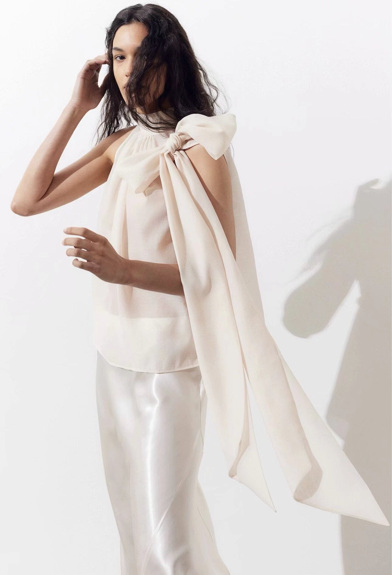 Women's Beige Bow Detail Mock Neck Top
