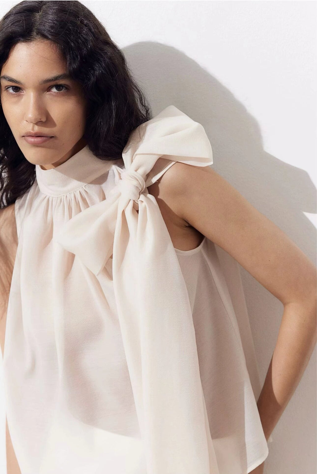Women's Beige Bow Detail Mock Neck Top