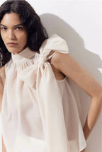 Women's Beige Bow Detail Mock Neck Top