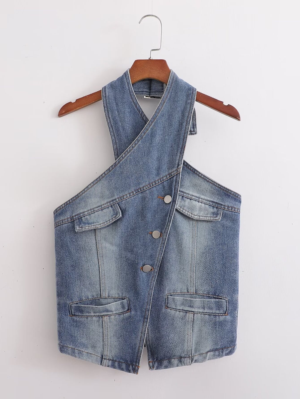 Women's Washed Denim Backless Halter Top