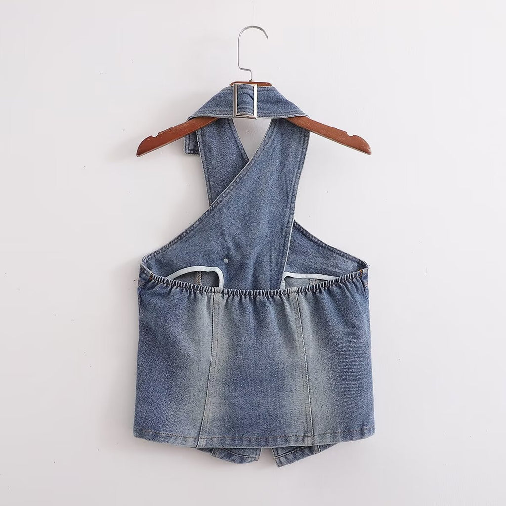 Women's Washed Denim Backless Halter Top