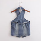 Women's Washed Denim Backless Halter Top