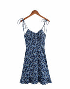 Women's Blue Floral V-Neck Ruffle Beach Dress