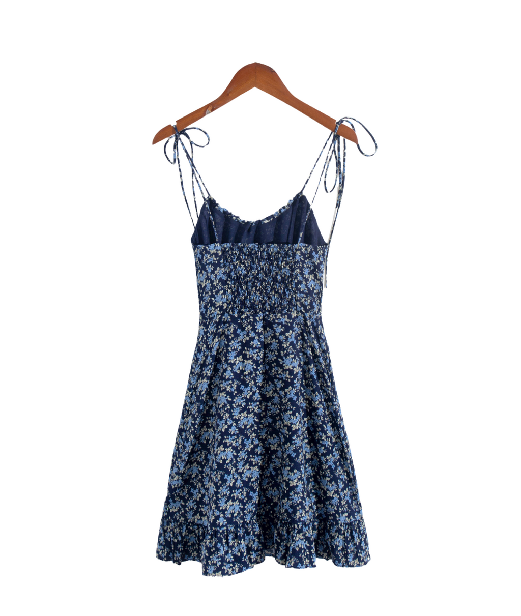 Women's Blue Floral V-Neck Ruffle Beach Dress