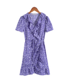 Floral Printed V-Neck Ruffled Tied Short-Sleeve Short Dress