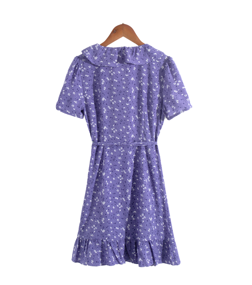 Floral Printed V-Neck Ruffled Tied Short-Sleeve Short Dress