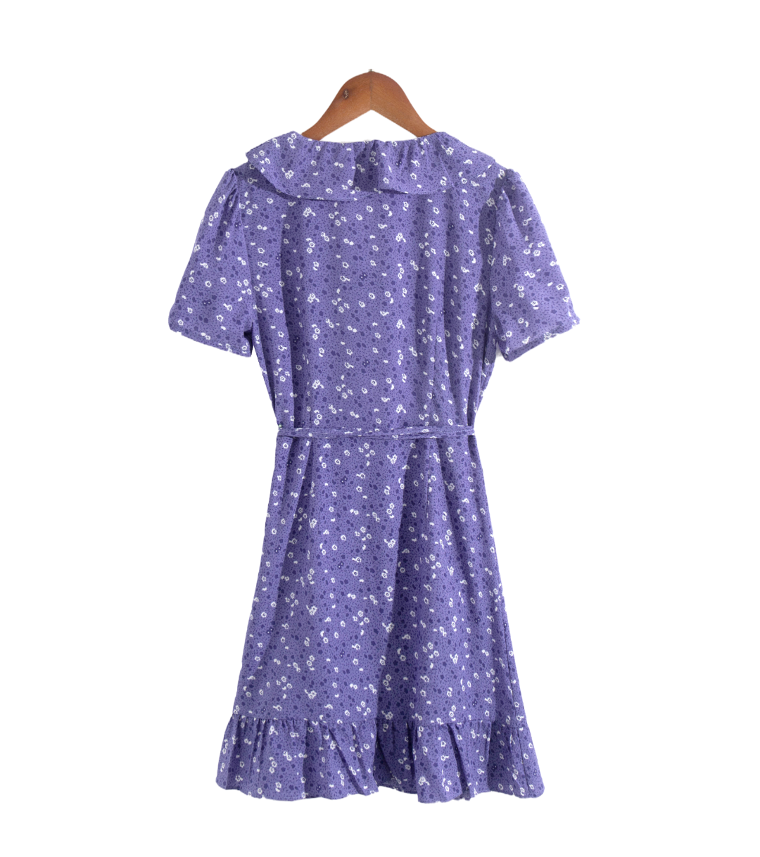Floral Printed V-Neck Ruffled Tied Short-Sleeve Short Dress