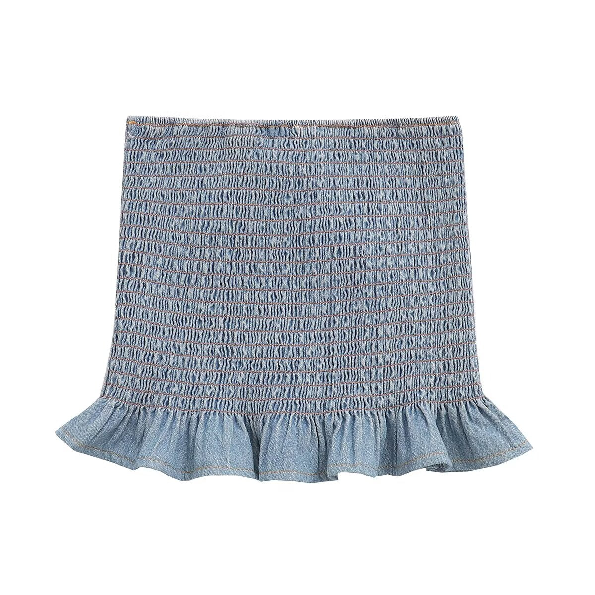 's Pleated Binding Smocking Lace Denim Tube Top Small Top