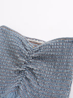 's Pleated Binding Smocking Lace Denim Tube Top Small Top
