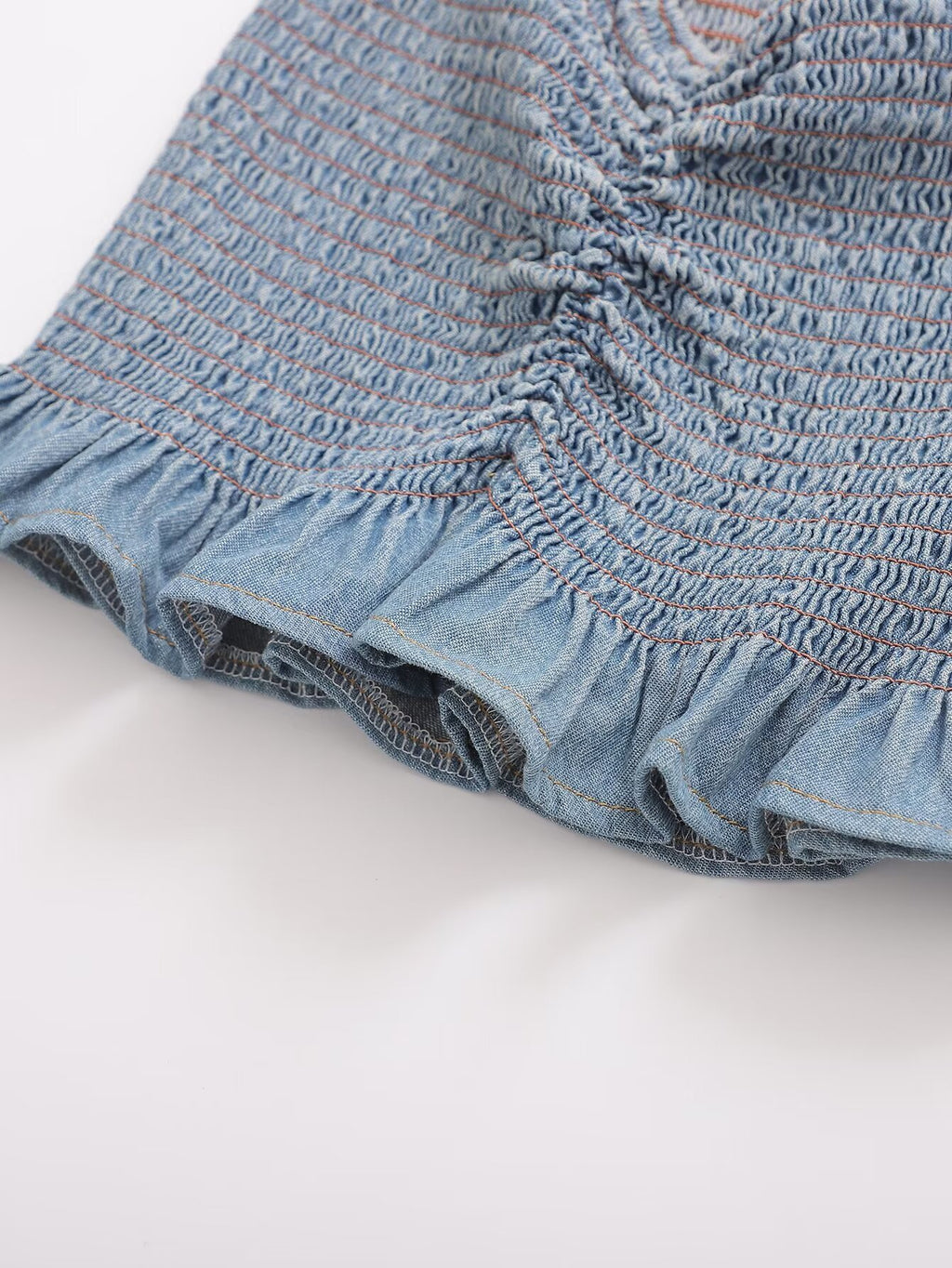 's Pleated Binding Smocking Lace Denim Tube Top Small Top