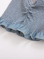 's Pleated Binding Smocking Lace Denim Tube Top Small Top