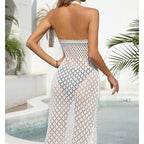 Holiday Dress Sexy Halter Solid Color Breathable Front Slit Maxi Dress Beach Sun Shield Dress Crochet hook