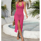 Holiday Dress Sexy Halter Solid Color Breathable Front Slit Maxi Dress Beach Sun Shield Dress Crochet hook