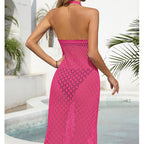 Holiday Dress Sexy Halter Solid Color Breathable Front Slit Maxi Dress Beach Sun Shield Dress Crochet hook