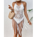 White crochet halter swim cover-up with scalloped yoke and long fringe strands