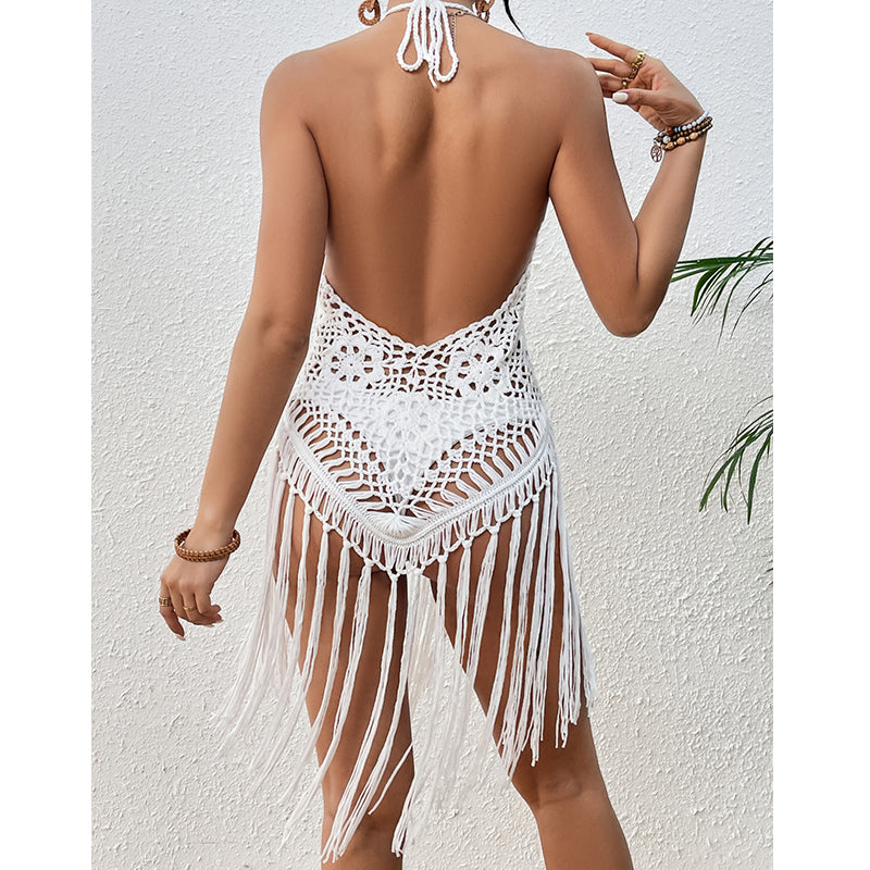 White crochet halter cover-up, open-back design with long fringe tassels