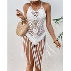White crochet halter swim cover-up with layered fringe hem and tassel points