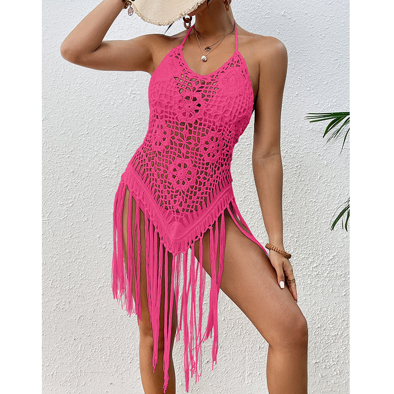 Pink crochet halter swim cover-up with scalloped lace yoke and long fringe strands