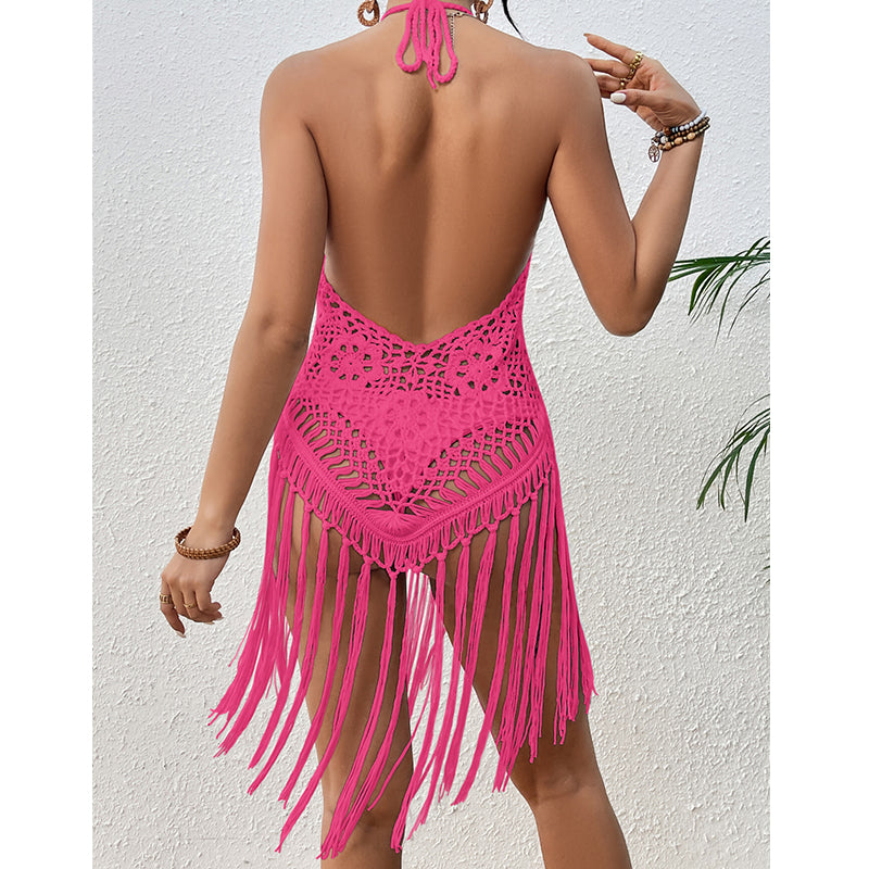 Pink crochet halter cover-up with open-back design and long fringe tassels