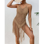 Beige crochet halter one-piece swimsuit cover with long fringe and scalloped neckline