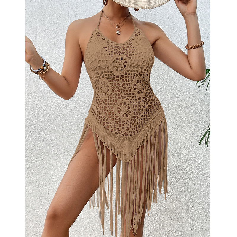 Beige crochet halter one-piece swimsuit cover with openwork pattern and long fringe