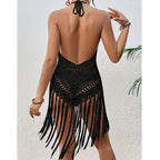 Black crochet halter one-piece swimsuit cover from back with openwork and long fringe