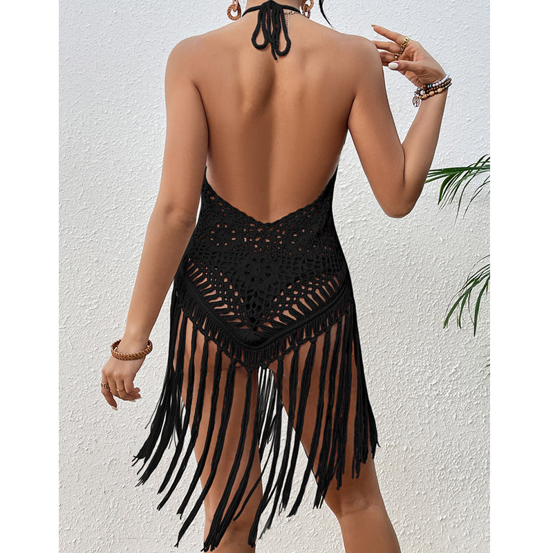 Black crochet halter one-piece swimsuit cover from back with openwork and long fringe