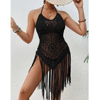 Black crochet halter one-piece swimsuit cover with openwork pattern and long fringe