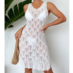 White sleeveless mid-length dress with scalloped lace knit and scoop neckline