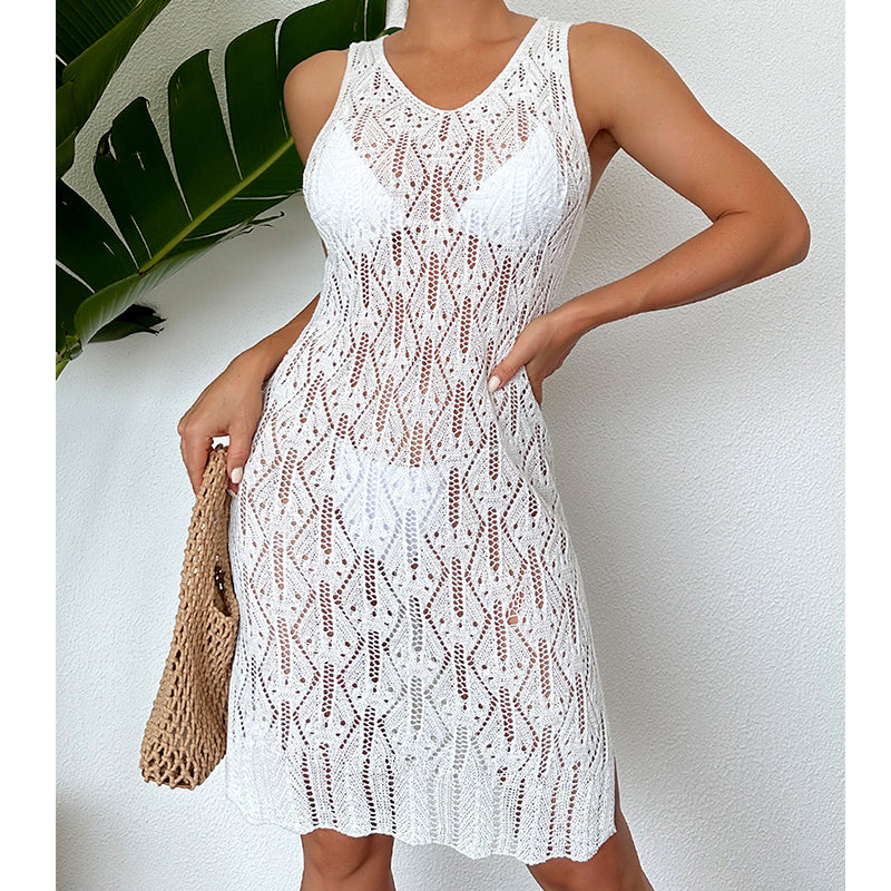 White sleeveless mid-length dress with scalloped lace knit and scoop neckline