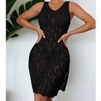 Black sleeveless mid-length dress with lace-knit texture and scoop neckline