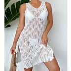 White sleeveless mid-length lace knit dress with scoop neckline and flared hem