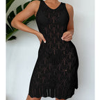 Black sleeveless mid-length lace knit dress with scoop neckline and fitted bodice