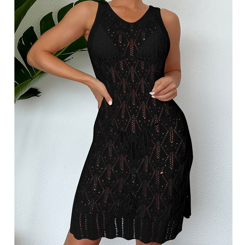 Black sleeveless mid-length lace knit dress with scoop neckline and fitted bodice