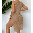 Khaki sleeveless mid-length crocheted dress with scoop neckline and flared hem