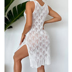 White sleeveless mid-length dress with openwork crochet texture and scoop neckline