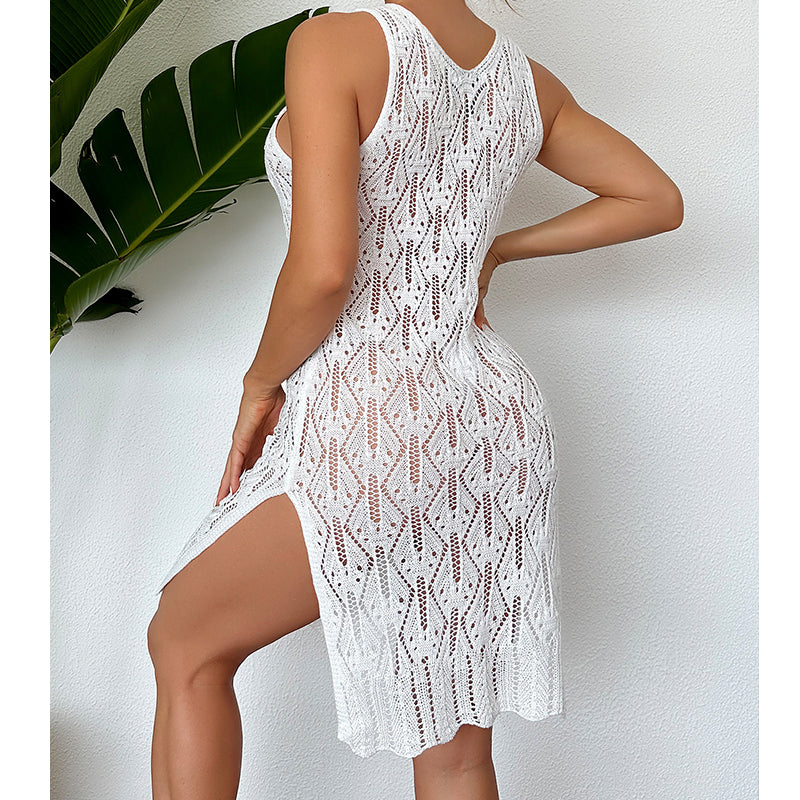 White sleeveless mid-length dress with openwork crochet texture and scoop neckline