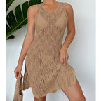 Khaki sleeveless mid-length lace knit dress with scoop neckline and scalloped hem