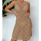 Khaki sleeveless mid-length crochet dress with decorative pattern and scoop neckline