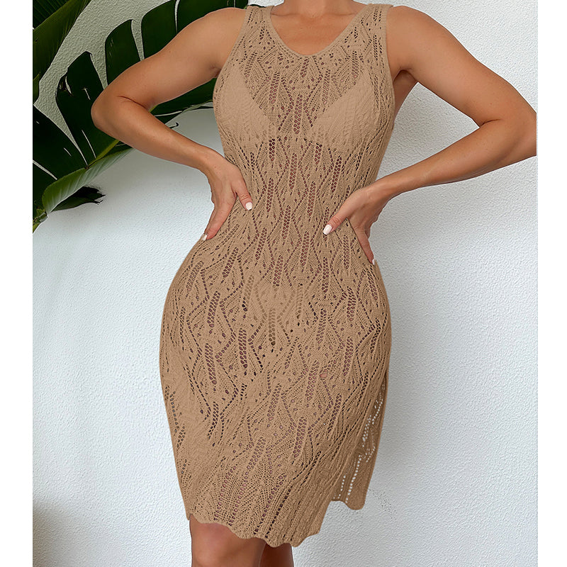 Beige sleeveless mid-length dress with scalloped lace trim and round neckline