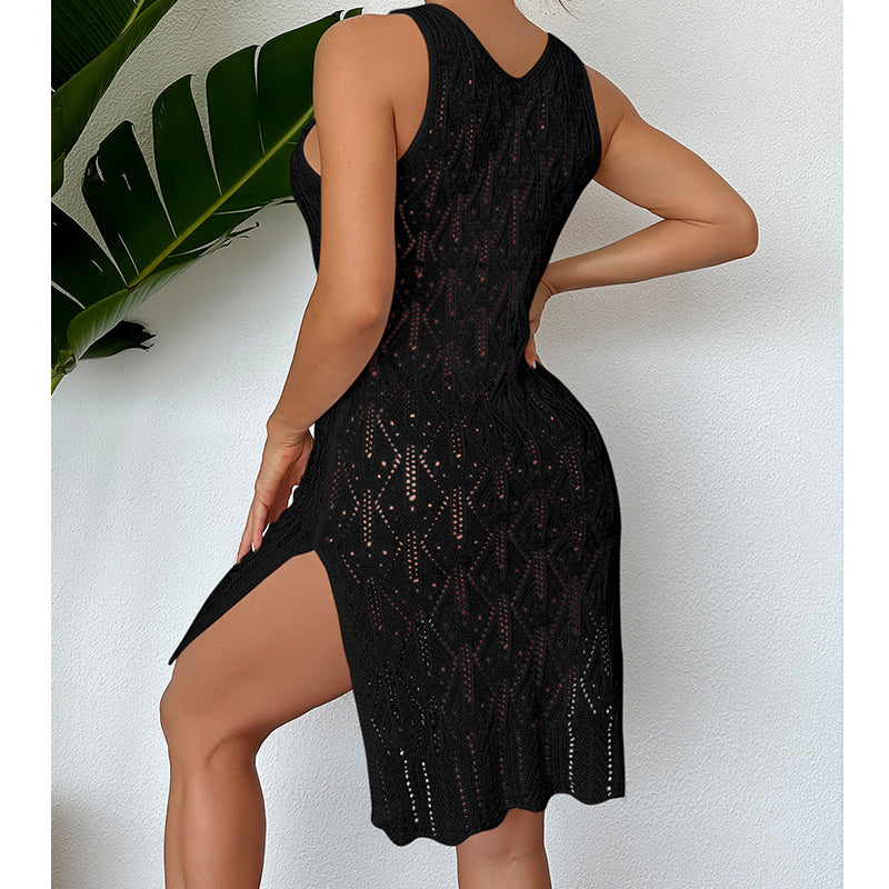 Black sleeveless mid-length dress with decorative shimmer texture and scoop neckline
